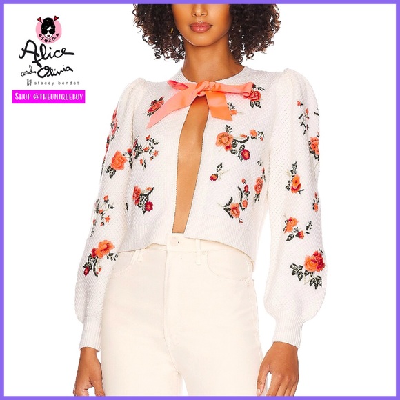Alice + Olivia Kitty Floral Puff Sleeve Bow Tie Cardigan Sweater - Picture 16 of 17